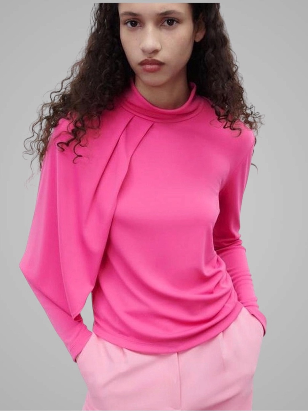 Zara Asymmetric Cape Blouse Hot Pink Mock Neck Long Sleeve Top size S
